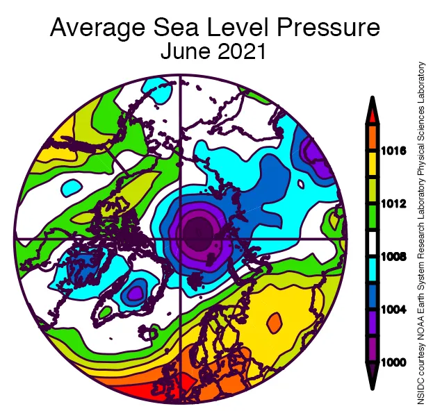 Plot shows average sea level pressure in the Arctic in millibars for June 2021.