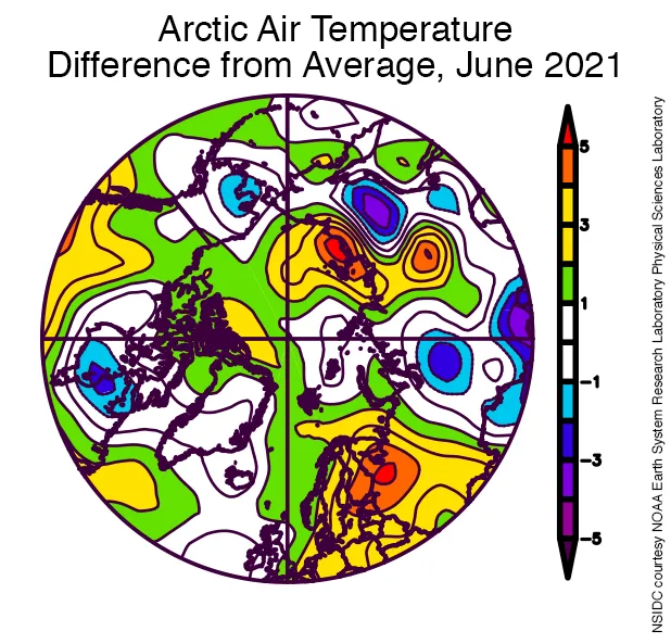 Plot shows the departure from average air temperature in the Arctic at the 925 hPa level, in degrees Celsius, for June 2021.