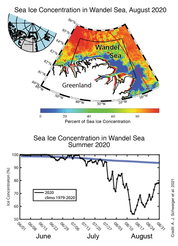 Map and graph shows sea ice conditions in the Wandel Sea during the summer of 2020.