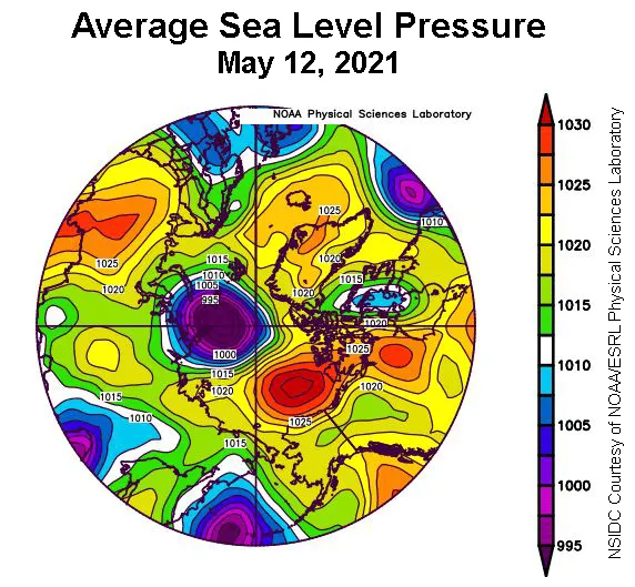 Plot shows average sea level pressure in the Arctic in millibars on May 12, 2021.