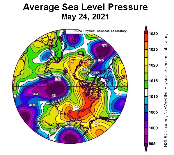 Plot shows average sea level pressure in the Arctic in millibars on May 24, 2021.