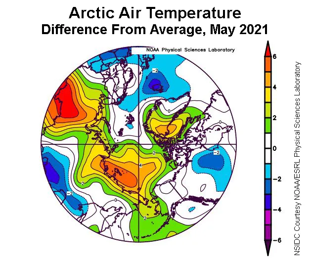 Plot shows the departure from average air temperature in the Arctic at the 925 hPa level, in degrees Celsius, for May 2021.