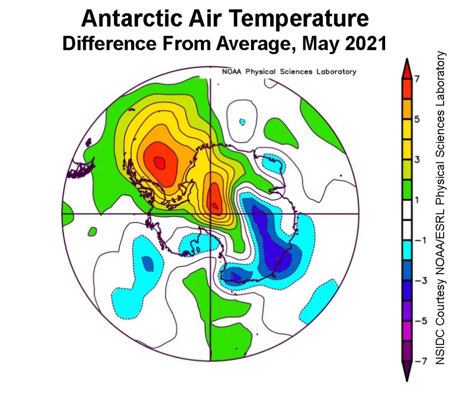 Plot shows the departure from average air temperature in the Antarctic at the 925 hPa level, in degrees Celsius, for May 2021.