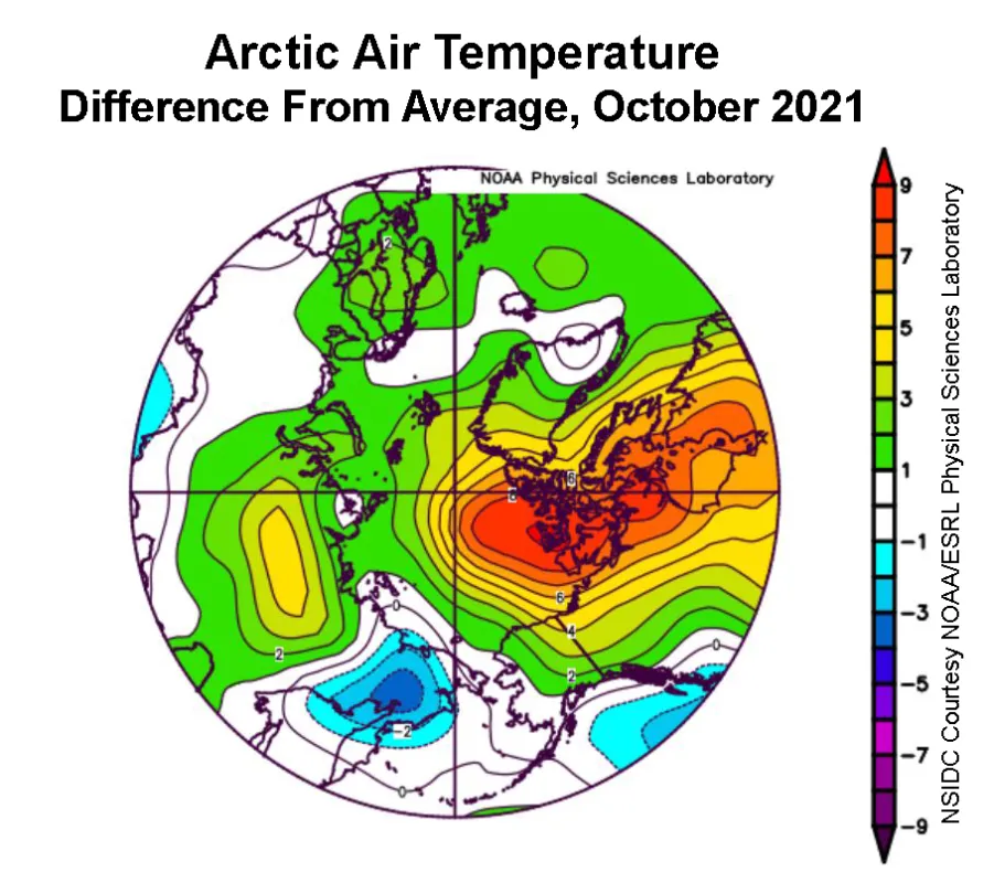 Plot shows the departure from average air temperature in the Arctic at the 925 hPa level, in degrees Celsius, for October 2021.