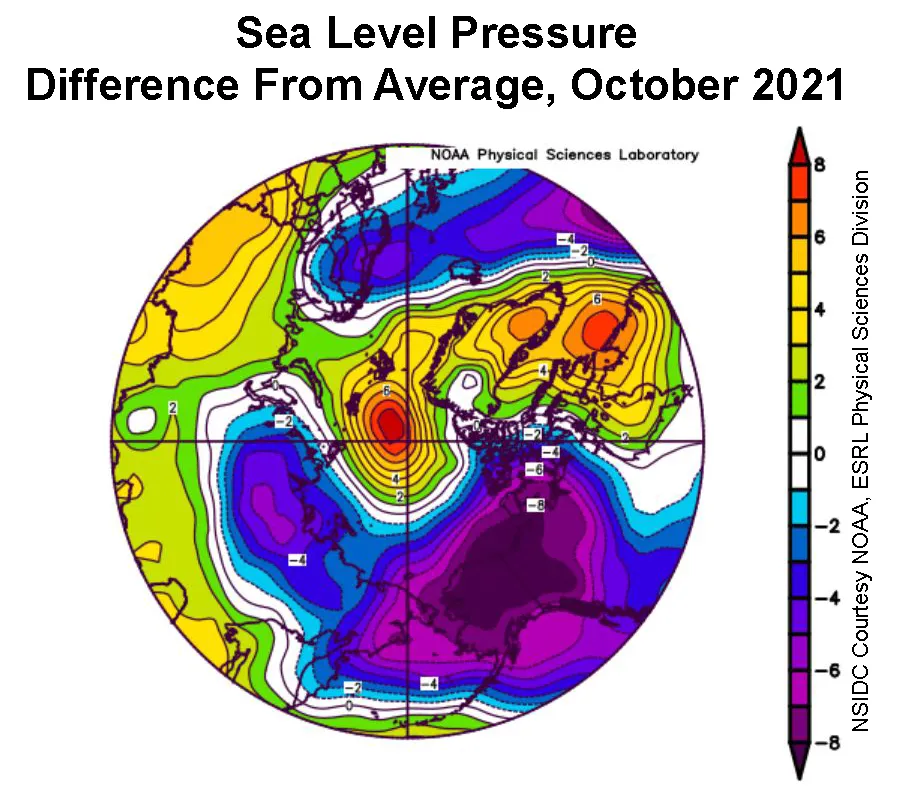 Plot shows the departure from average sea level pressure in the Arctic at the 925 hPa level, in degrees Celsius, for October 2021.