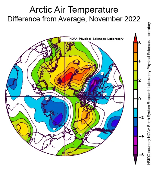 Plot shows the departure from average air temperature in the Arctic at the 925 hPa level, in degrees Celsius, for November 2022.