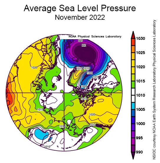 Plot shows average sea level pressure in the Arctic in millibars for November 2022.