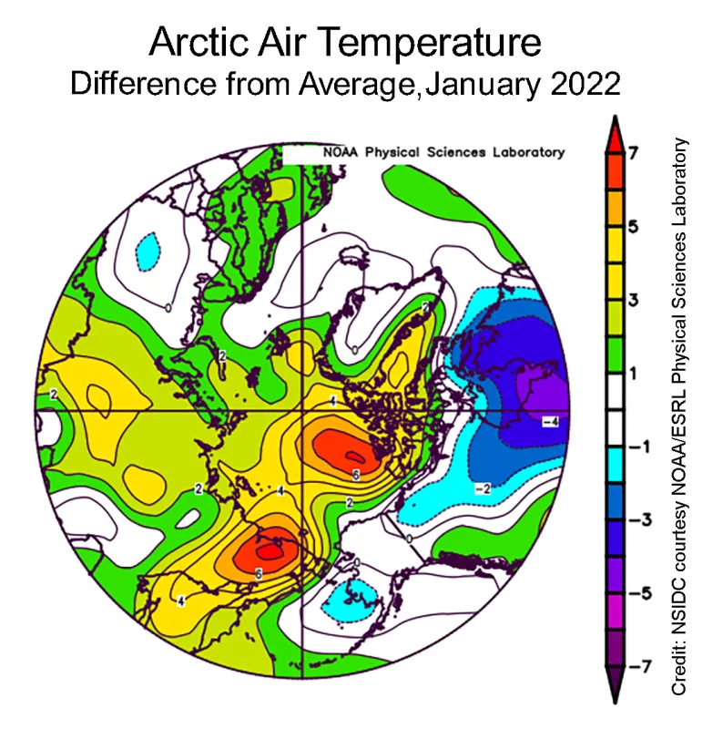 Plot shows the departure from average air temperature in the Arctic at the 925 hPa level, in degrees Celsius, for January 2022.