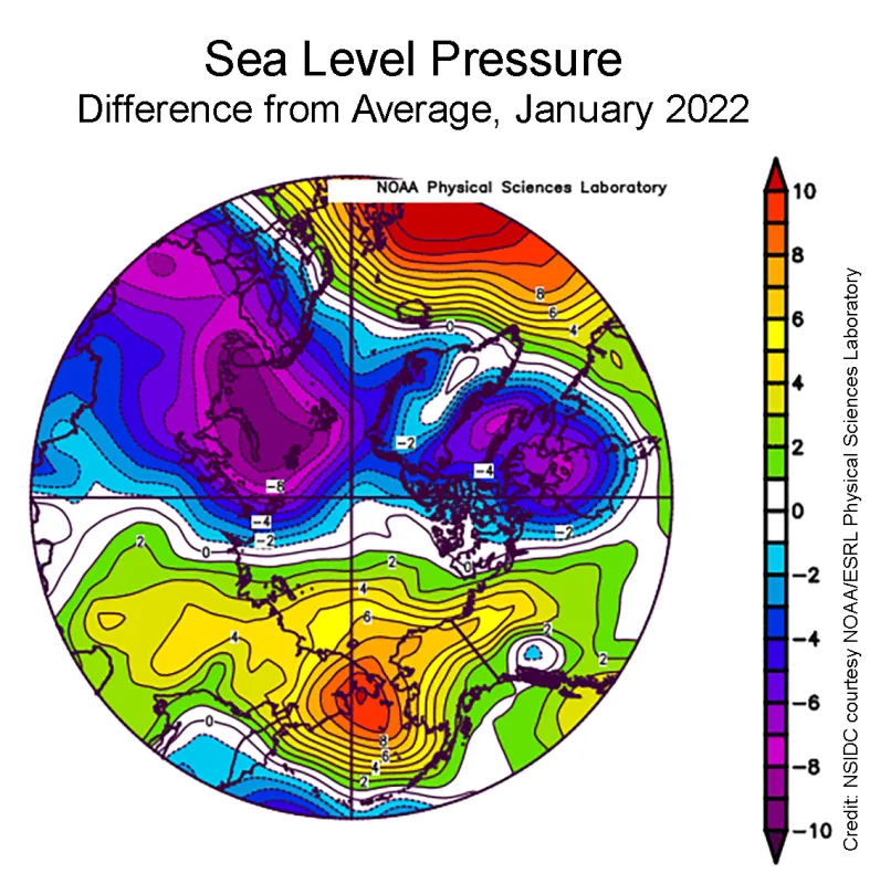 Plot shows the departure from average sea level pressure in the Arctic in millibars for January 2022.