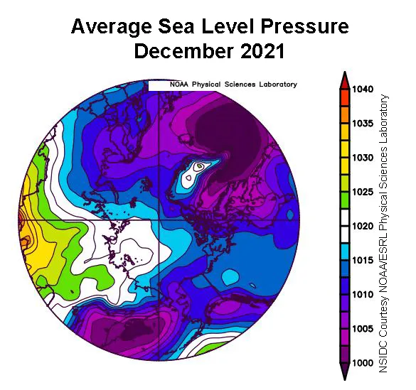 Plot shows average sea level pressure in the Arctic in millibars for December 2021.