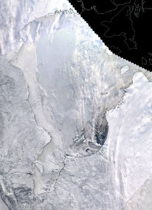 NASA Worldview image shows the last part of Hudson Bay freezing up along the southeast coast as of December 23, 2021.