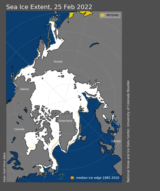 Arctic sea ice extent for February 25, 2022, was 14.88 million square kilometers (5.75 million square miles).