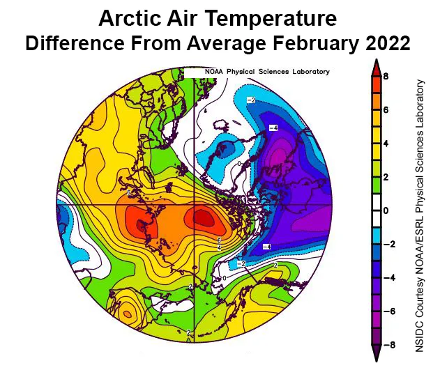 Plot shows the departure from average air temperature in the Arctic at the 925 hPa level, in degrees Celsius, for February 2022.