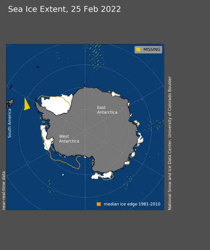 Antarctic sea ice extent for February 25, 2022, was 1.92 million square kilometers (741,000 square miles).