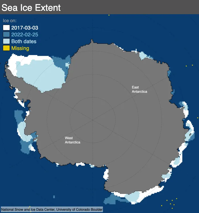 Figure shows the difference in sea ice extent from that date (shown in white) compared with the new record low on February 25, 2022 (shown in dark blue).