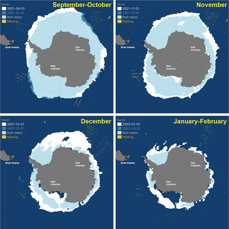 Figure shows the pattern of the 2021 to 2022 Antarctic sea ice decline since the September winter maximum.