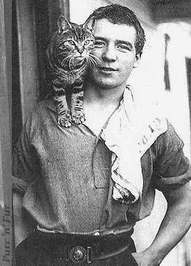 Mrs. Chippy, the resident cat of Endurance, the vessel that carried Ernest Shackleton and his team to Antarctica in 1914, stands on the shoulder of a crewmember.