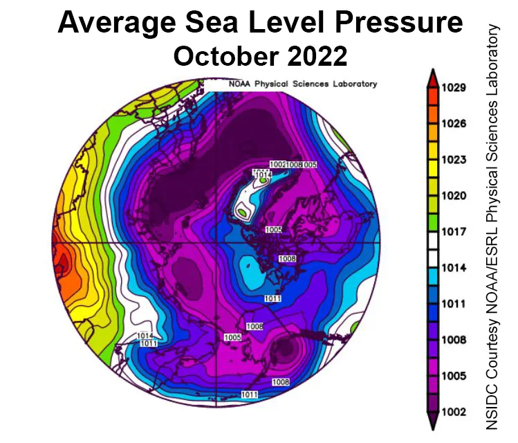  Plot shows average sea level pressure in the Arctic in millibars for October 2022.