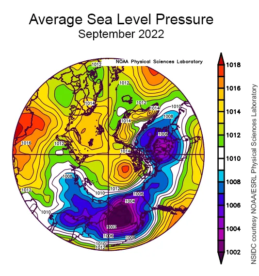 Plot shows average sea level pressure in the Arctic in millibars for September 2022.