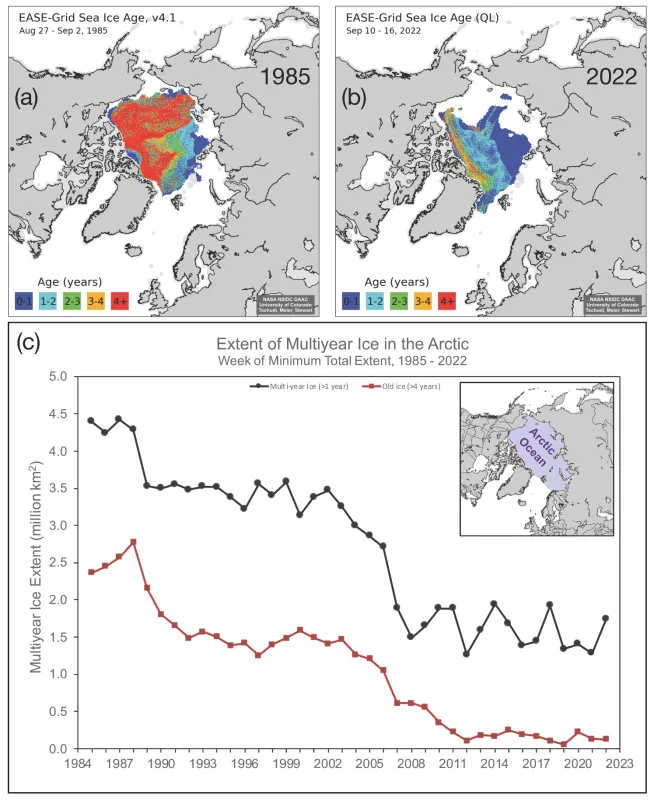 Upper left map shows ice age distribution toward the end of the melt season for 1985. The bottom graphs shows sea ice age extent for multiyear ice, as depicted by the black line, and 4+ year-old ice, as depicted by the red line, for the Arctic Ocean region.