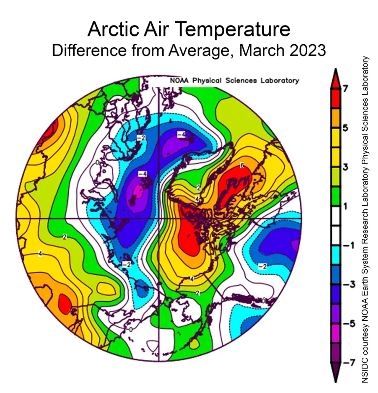 This plot shows the departure from average air temperature in the Arctic at the 925 hPa level, in degrees Celsius, for March 2023.