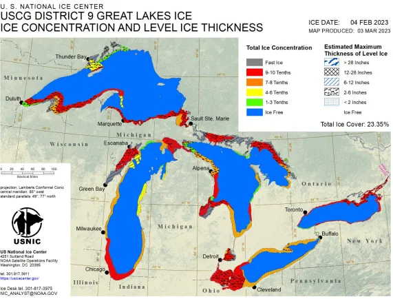  Map of the Great Lakes shows ice cover on February 4th, 2023, the date of maximum ice cover for 2023. 