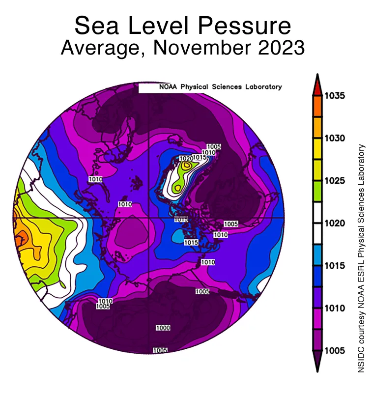 This plot shows average sea level pressure in the Arctic in millibars for November 2023.