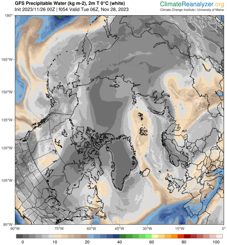 This image from Climate Reanalyzer shows precipitable water (column water vapor) on November 26, 2023.