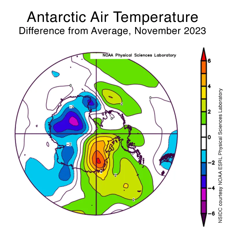 This plot shows the departure from average air temperature in Antarctica at the 925 hPa level, in degrees Celsius, for November 2023.