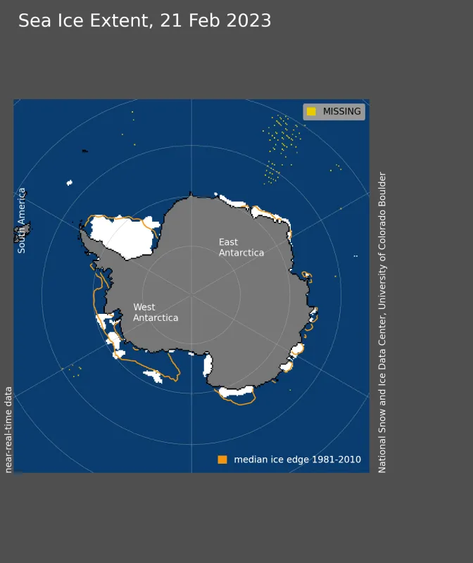 Antarctic sea ice extent for February 21, 2023, was 1.79 million square kilometers (691,000 square miles).