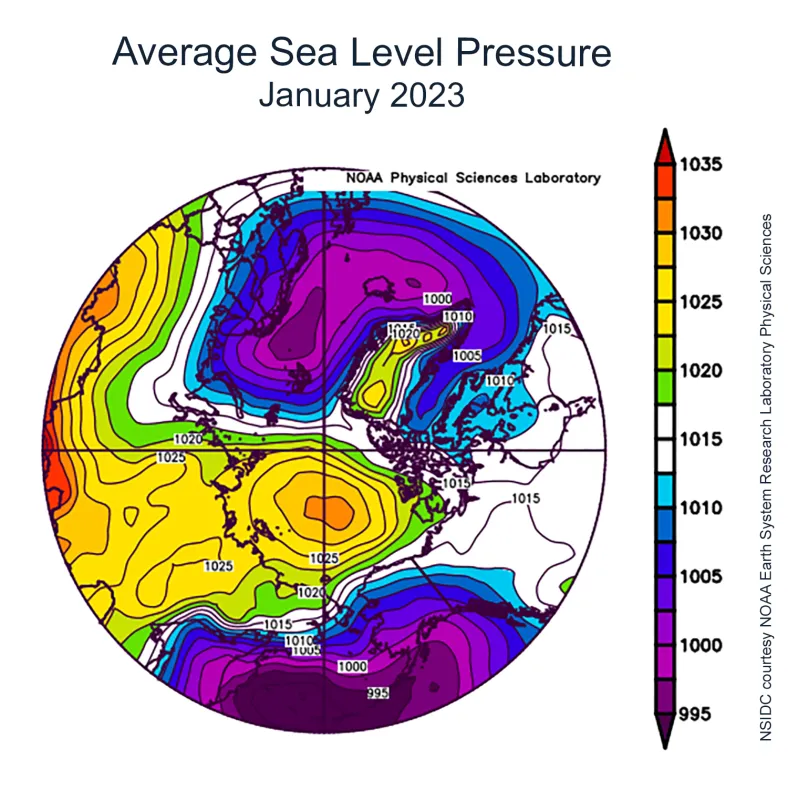 This plot shows average sea level pressure in the Arctic in millibars for January 2023.