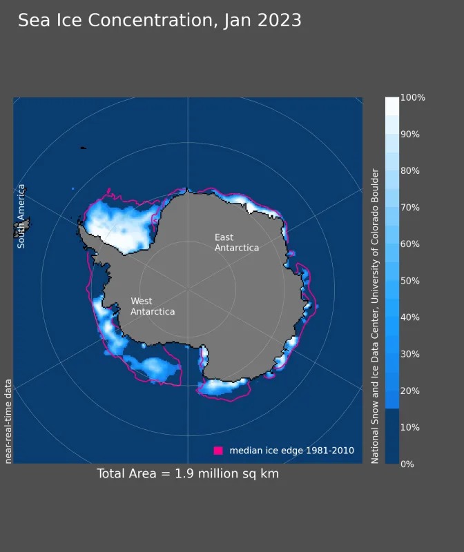 Maps shows Antarctic sea ice concentration for January 2023.