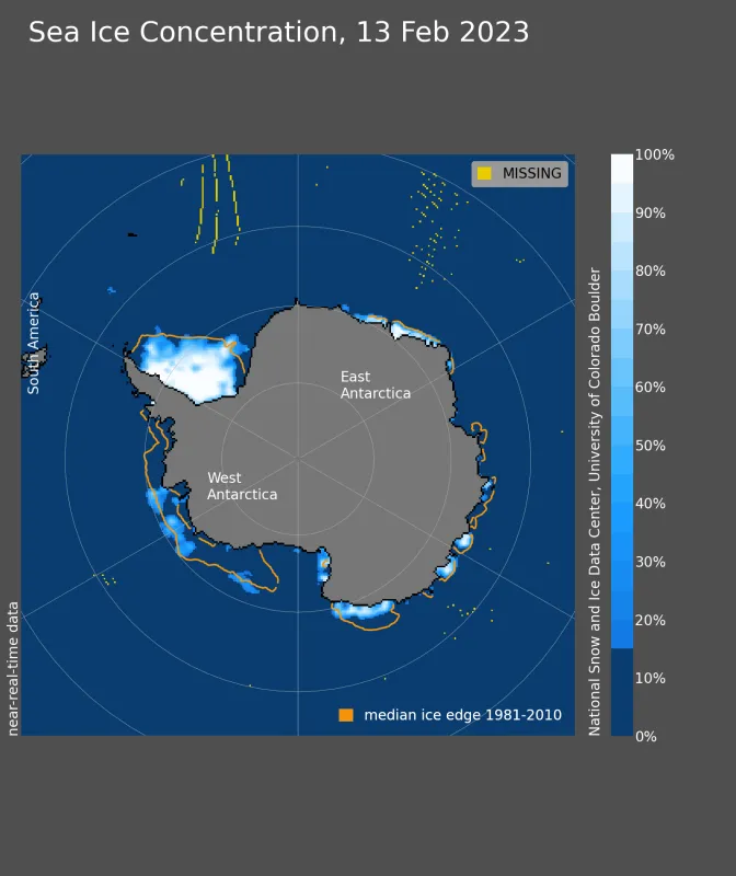 This map of Antarctica shows many low areas of sea ice concentration, depicted as darker blues, surrounding the continent, rendering extent likely to decrease in the coming days or weeks.