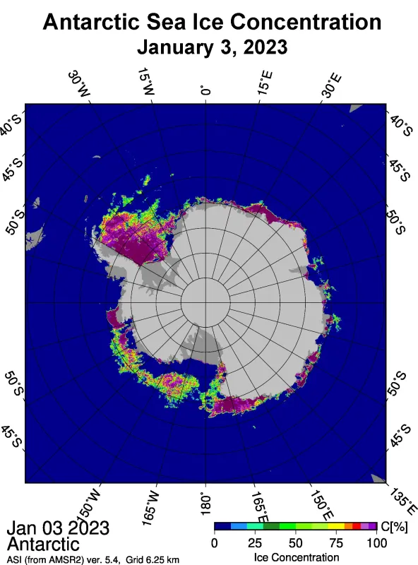 Map from January 3, 2023, shows a large polynya that now spans the Ross Sea and much of the western Amundsen Sea, as well as polynyas that have appeared in Pine Island Bay and the southeastern Weddell Sea. 