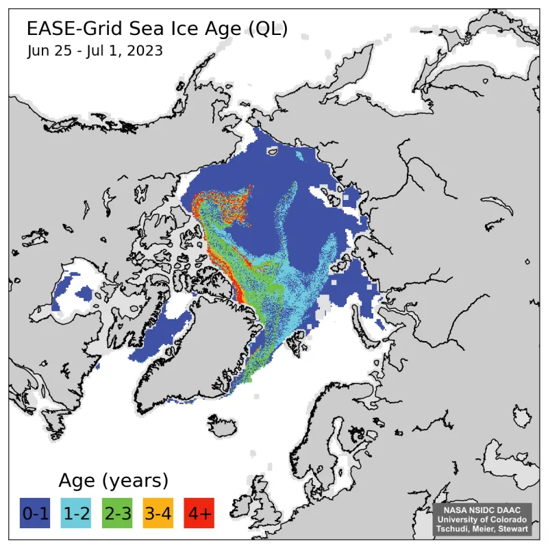 This map shows sea ice age for the week of June 25 to July 1, 2023.