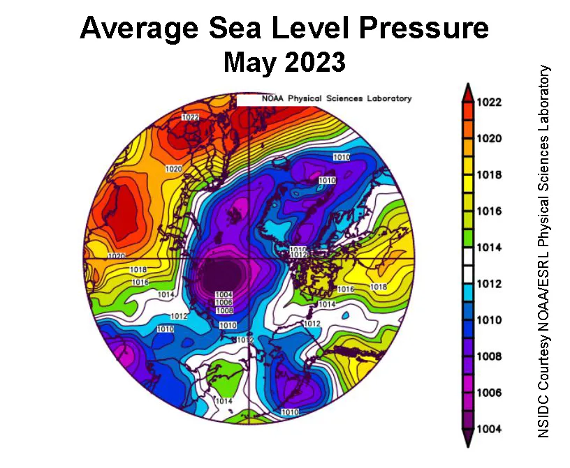 Plot shows average sea level pressure in the Arctic in millibars for May 2023.