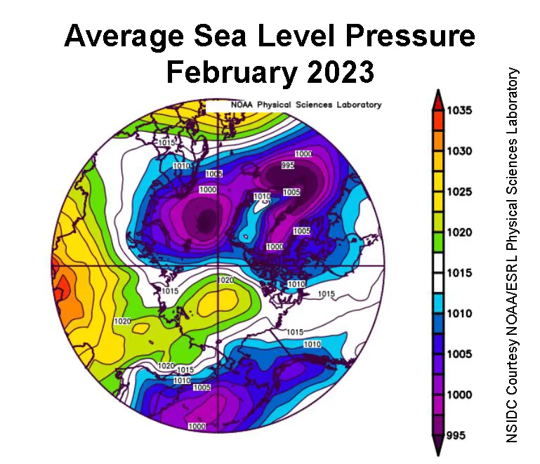 This plot shows average sea level pressure in the Arctic in millibars for February 2023.