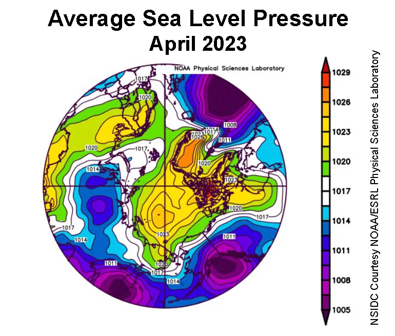 This plot shows average sea level pressure in the Arctic in millibars for April 2023. 