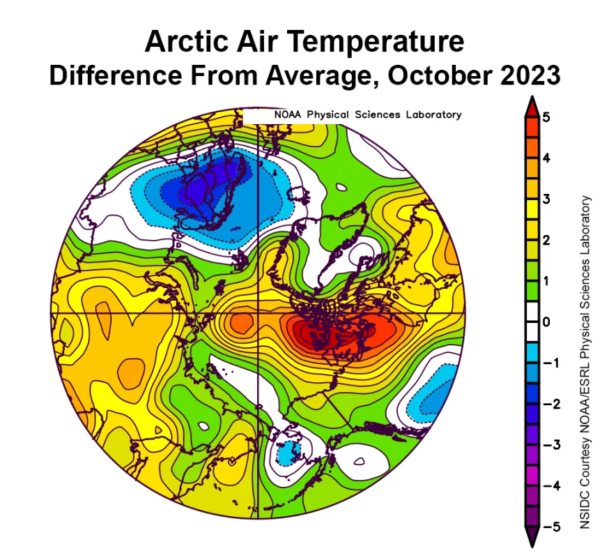 This plot shows the departure from average air temperature in the Arctic at the 925 hPa level, in degrees Celsius, for October 2023.