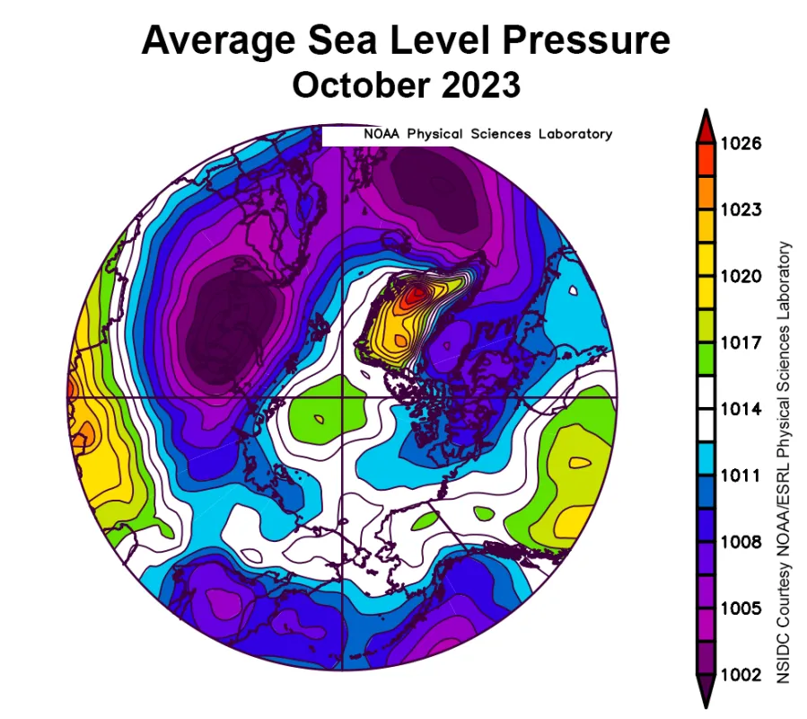 This plot shows average sea level pressure in the Arctic in millibars for October 2023.