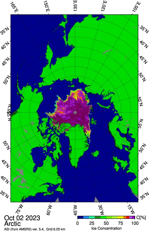 This image from the Japan Aerospace Exploration Agency (JAXA) Advanced Microwave Scanning Radiometer 2 (AMSR2) shows sea ice concentration in the Arctic Ocean on October 2, 2023.