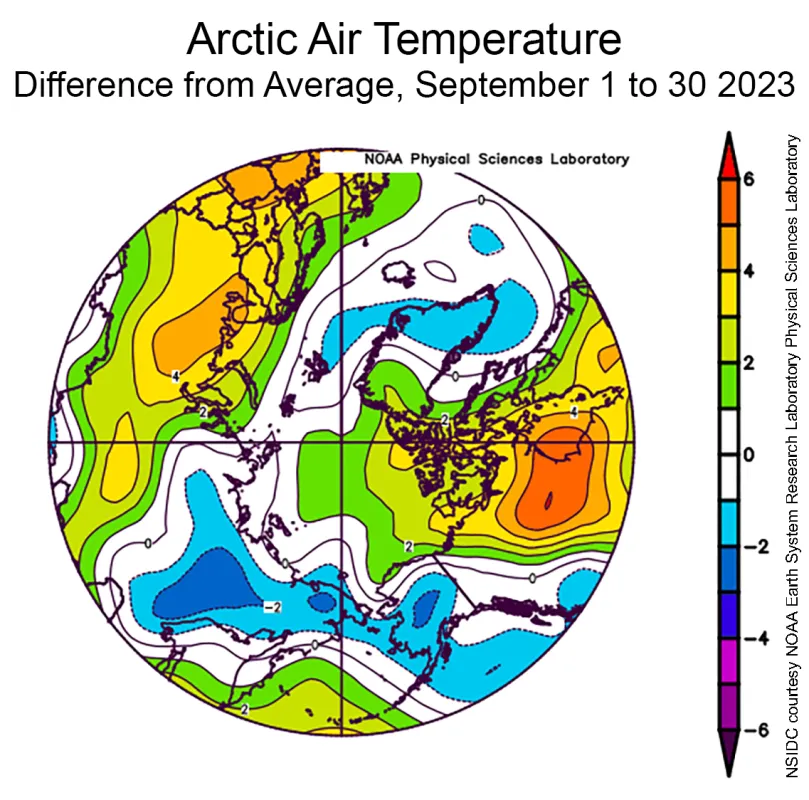 This plot shows the departure from average air temperature in the Arctic at the 925 hPa level, in degrees Celsius, for September 2023.