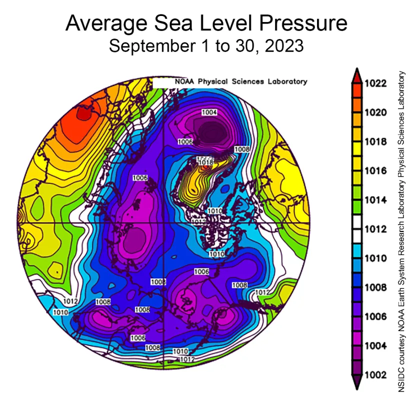 This plot shows average sea level pressure in the Arctic in millibars for September 2023.