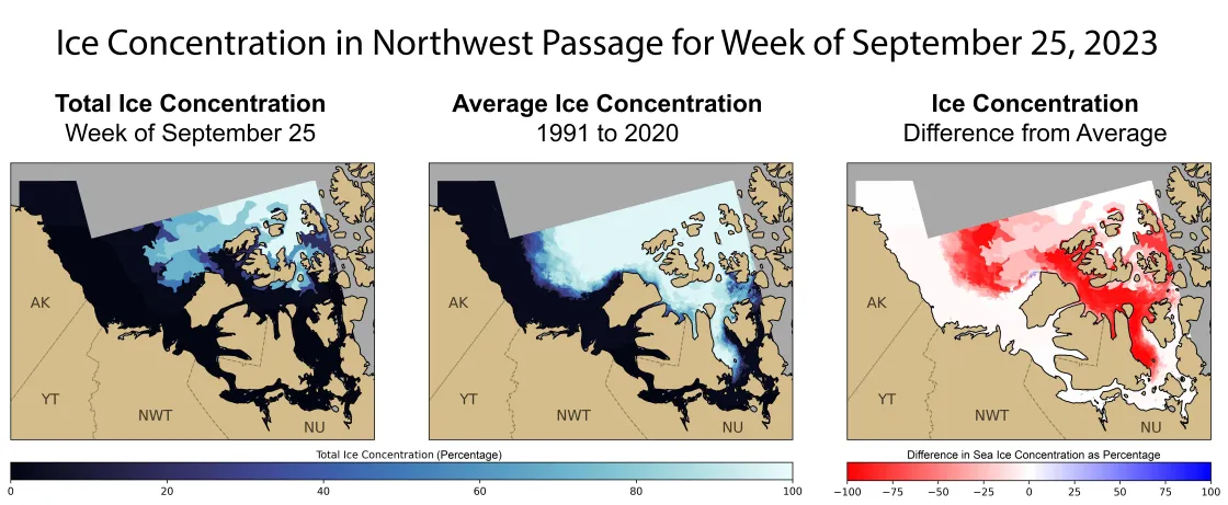 These maps show sea ice concentration in the Northwest Passage for the week of September 25, 2023.