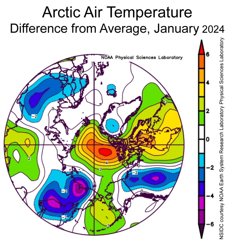 This plot shows the departure from average air temperature in the Arctic at the 925 hPa level, in degrees Celsius, for January 2024.