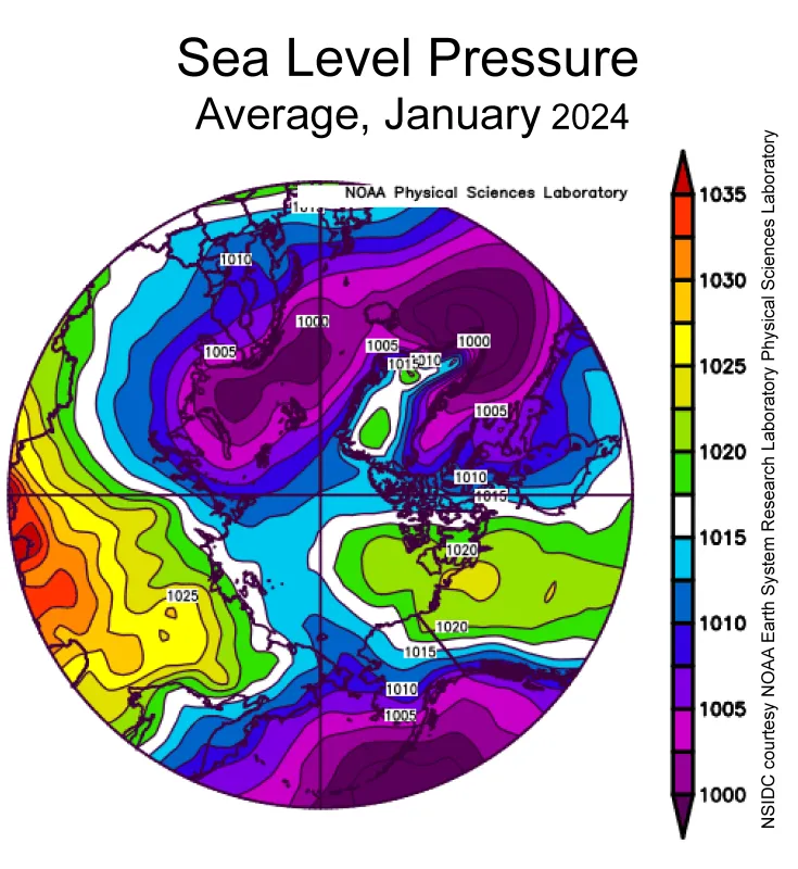  This plot shows average sea level pressure in the Arctic in millibars for January 2024.