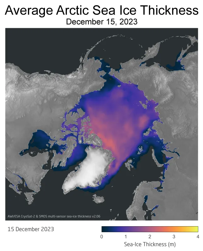 This map of the Arctic shows average sea ice thickness in meters on December 15, 2023.