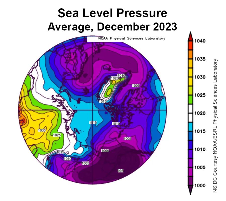 This plot shows average sea level pressure in the Arctic in millibars for December 2023.