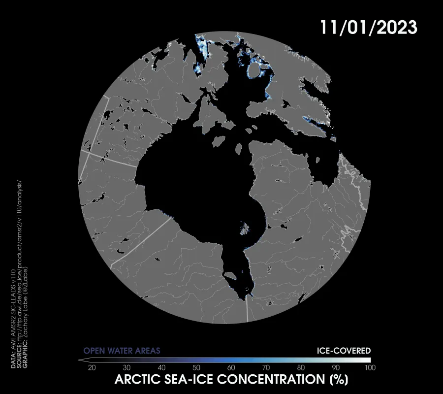 Animation shows the rapid expansion of sea ice cover in November to December 2023 for Hudson Bay 