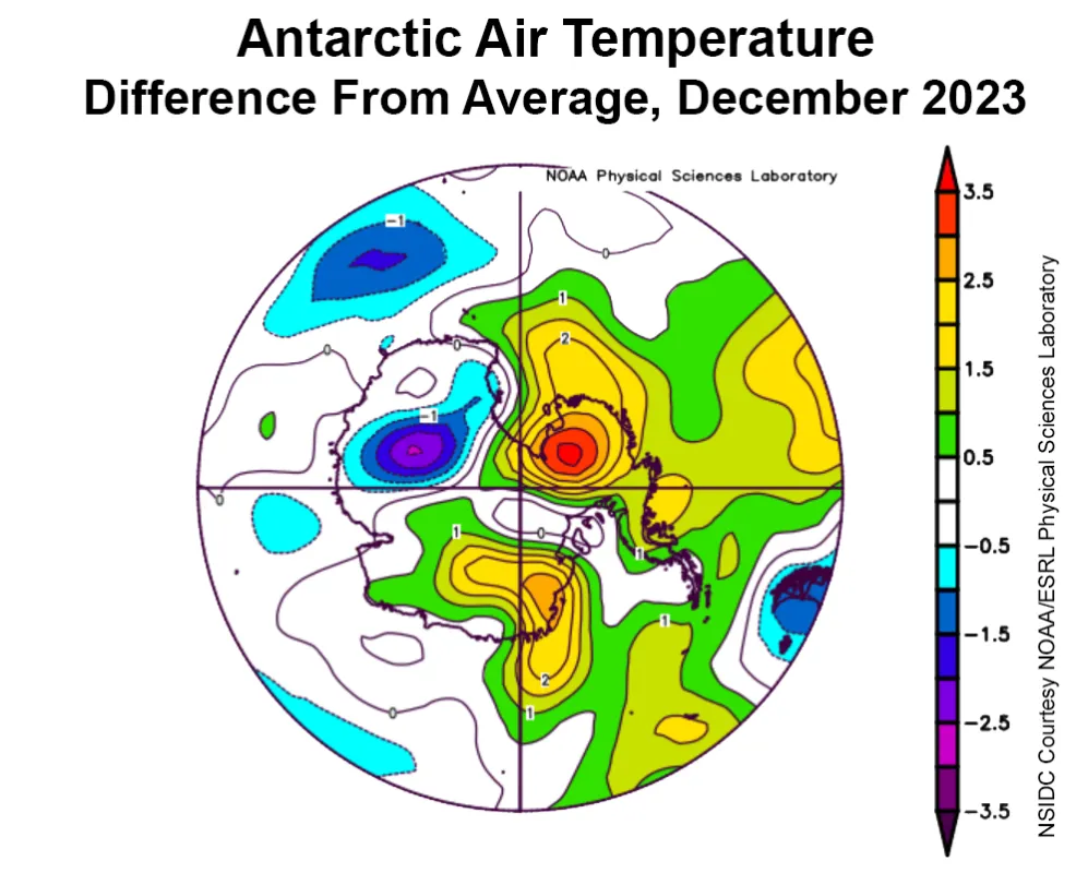 This plot shows the departure from average air temperature in the Arctic at the 925 hPa level, in degrees Celsius, for December 2023.